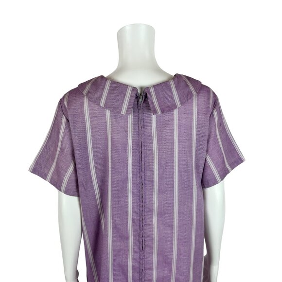 Vintage 60s Striped Dress Women's Extra Large Purple Peter Pan Bow Collar Shift - Picture 8 of 9
